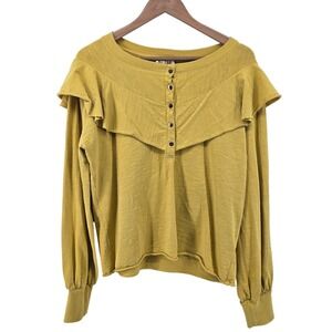 Nation LTD Henley Top Womens Medium Yellow Ruffle Yoke Slub Cotton Long Sleeve